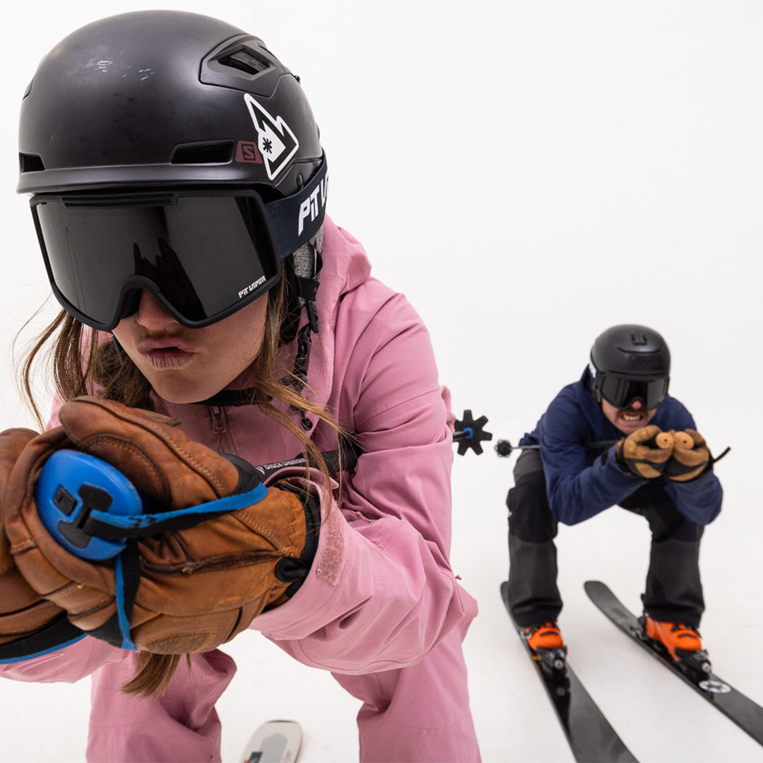 Large / Pink | Two people skiing wearing the French Fry Goggles from Pit Viper Sunglasses